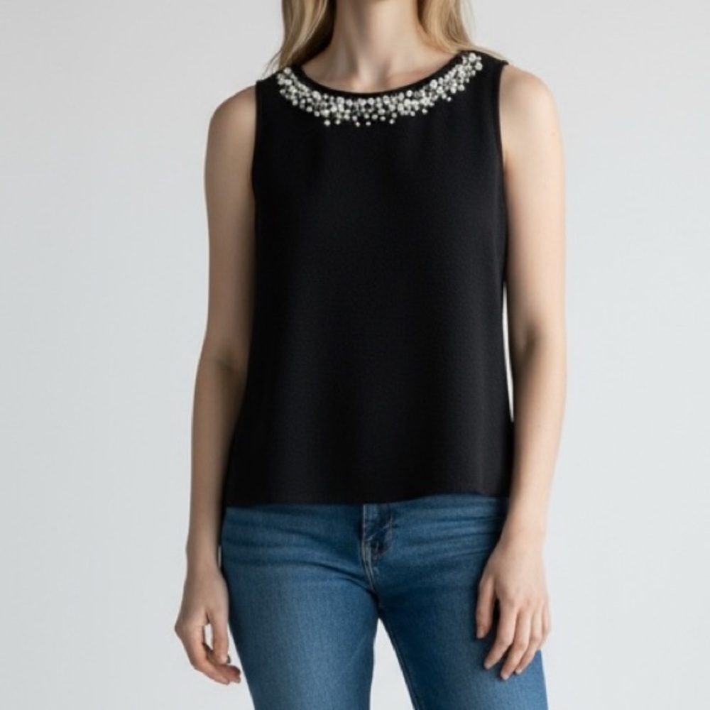 Ann Taylor Factory Pearl Rhinestone Beaded Sleeveless Top Black Size Small NWT